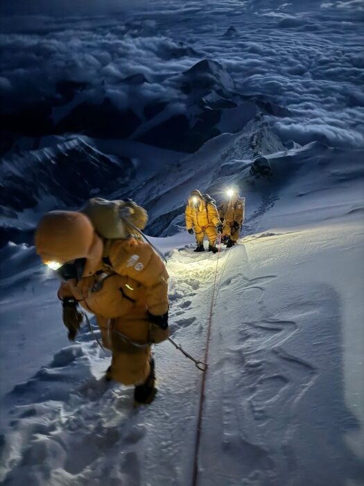 Climbers in line on the north side of Everest. 