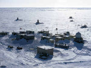 buildings on an ice island, from the air