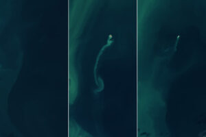 Three side by side photos of the same region of the sea. In the first one, there is no island. In the second and third, there is.