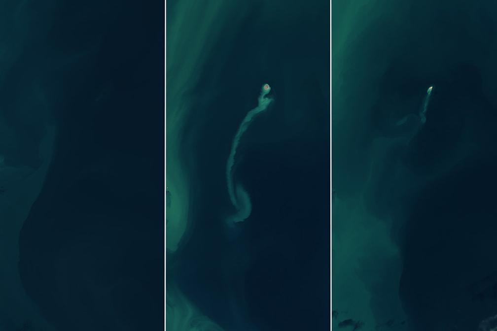 Three side by side photos of the same region of the sea. In the first one, there is no island. In the second and third, there is.