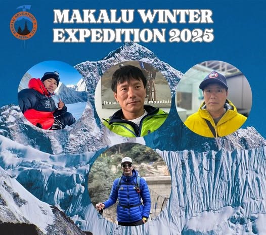 Photos of climbers attempting Makalu in winter 2025, compiled on a picture of the mountain