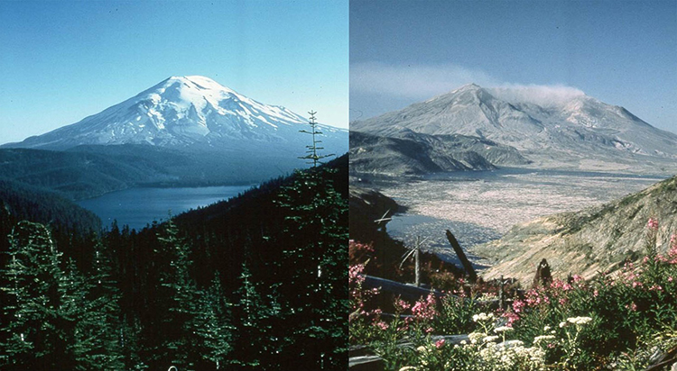 Two images side by side of the same mountain, but the second is missing half the top.