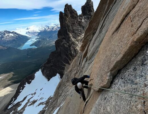 A climber on a granite slab in Patagonia