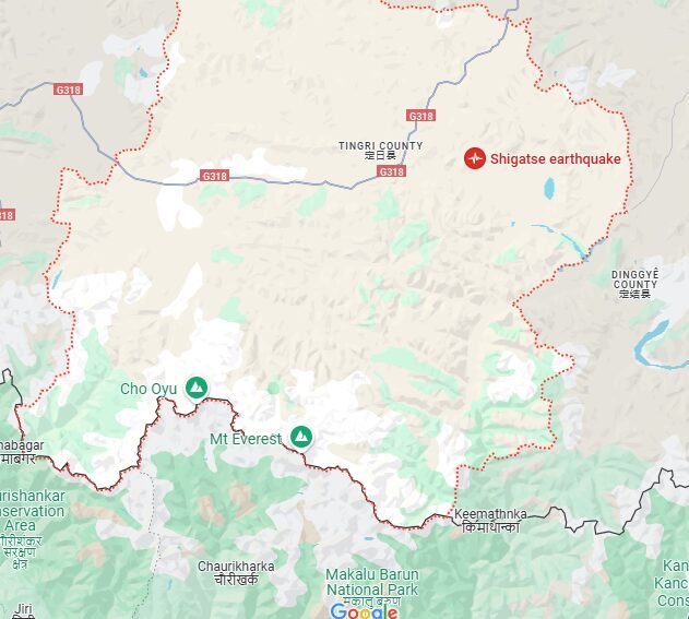 Location of the Shigatse quake and Everest on Google maps