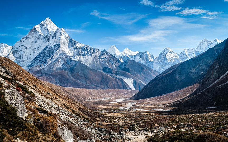 high mountain valley with Makalu in the distance