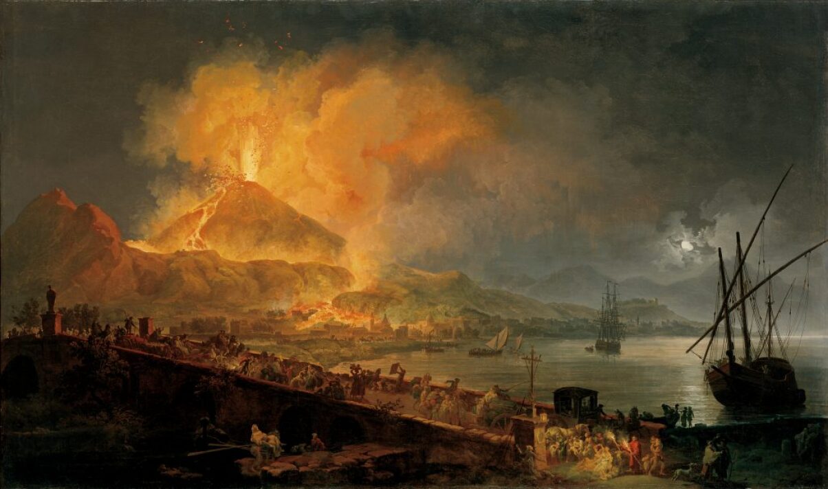 A painting of an erupting volcano with Roman town in the foreground.