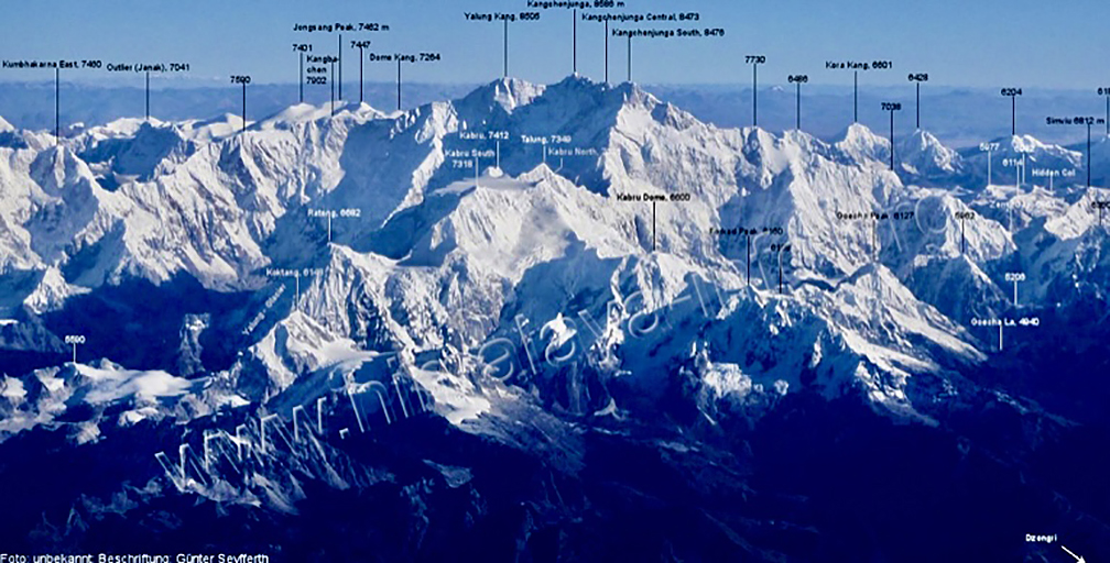 An aerial view of the Kangchenjunga Massif from south and southwest.