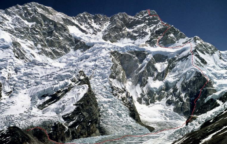 The 1991 Slovenian ascent route to the South Summit of Kangchenjunga, made by Andrej Stremfelj and Marko Prezelj. 