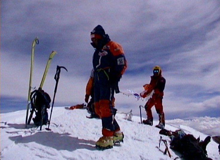 Hans Kammerlander and Jean-Christophe Lafaille on the summit of K2.