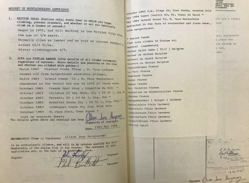 Alison Hargreaves' application to the Alpine Club in 1984. 