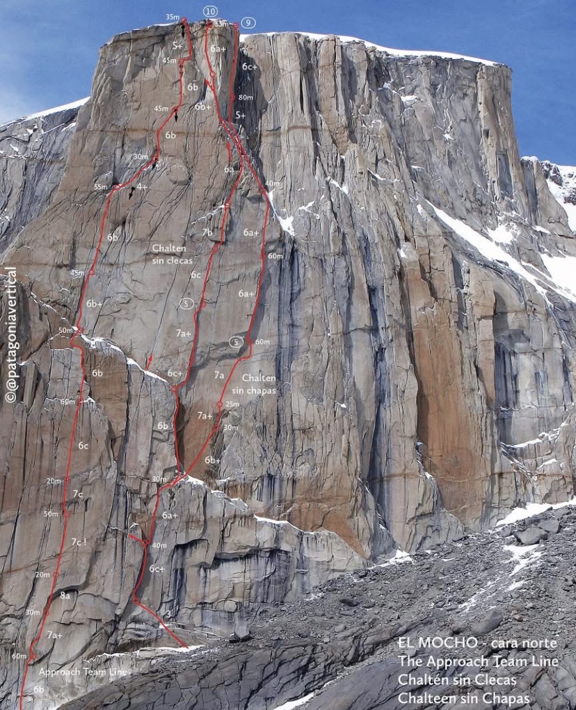 The three routes on the nort face of El Mocho, climbed by Villanueva