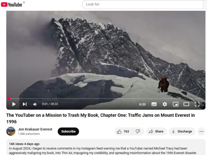 Video frame and synopsis of Krakauer's debunk series about Everest 1996 on YouTube