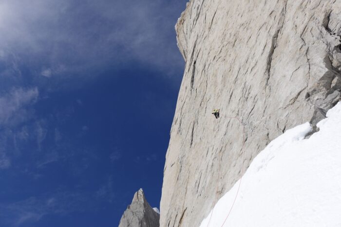 Two climbers on the sheer face of Cerro Piergiorgio in Patagonia