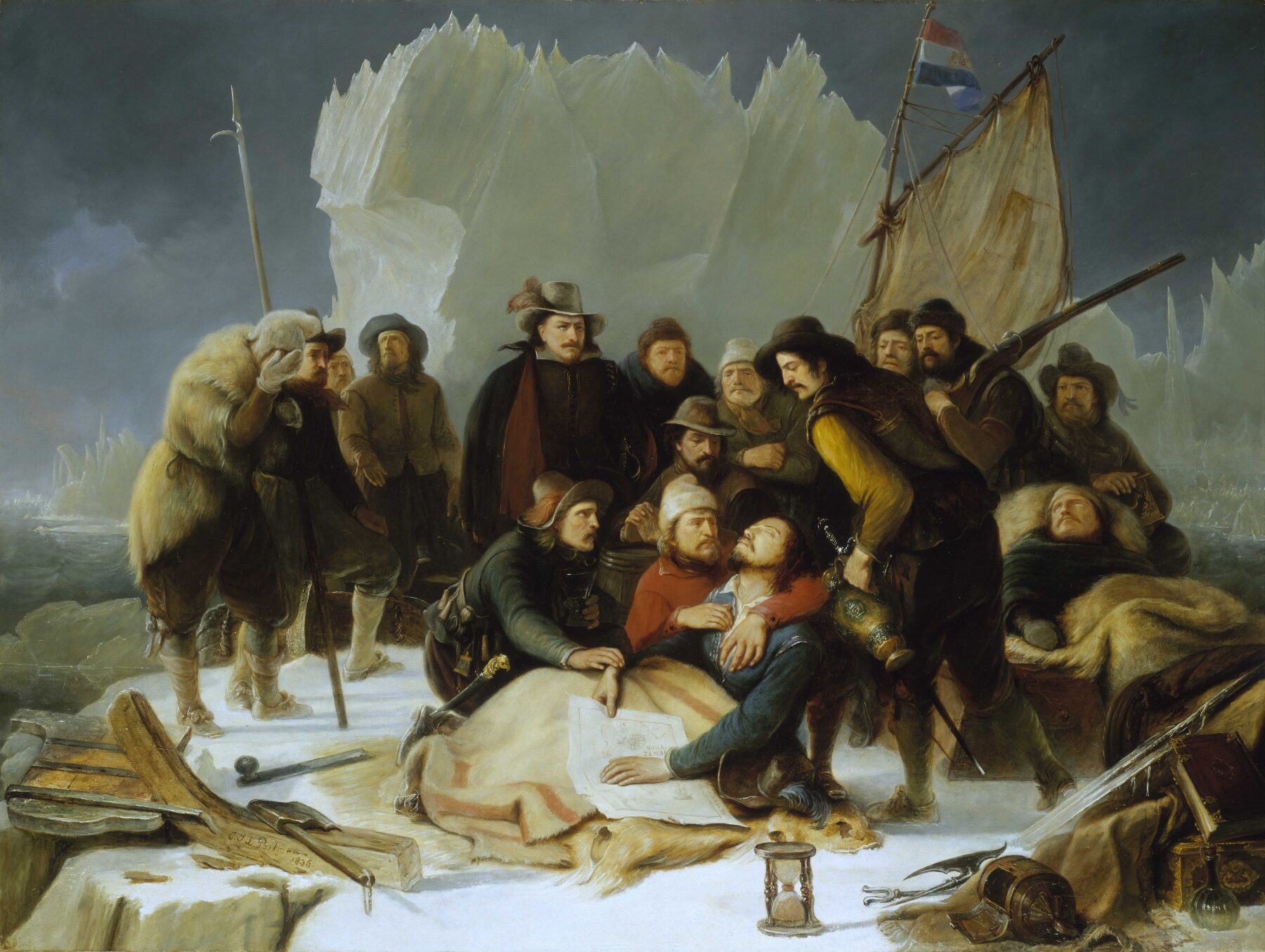 Men in the arctic gathered around a dying man.