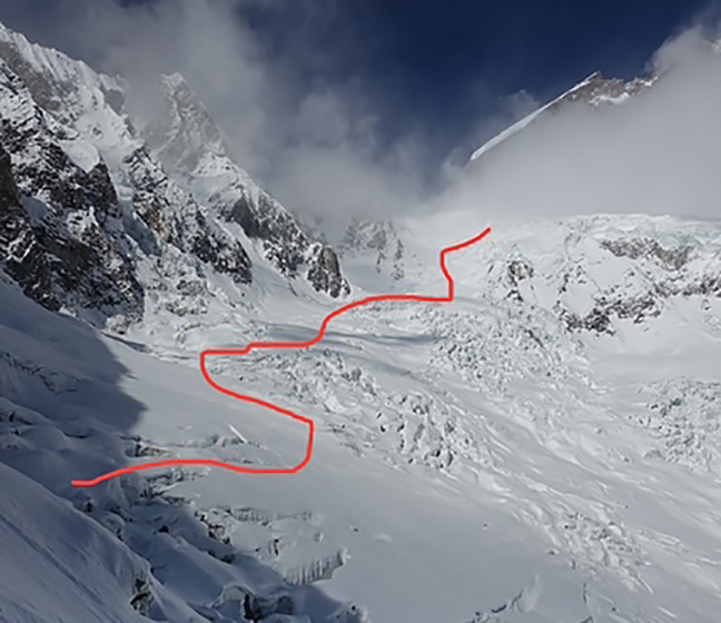 red line showing route up glacier