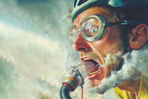 digital illustration of rabid cyclist inhaling carbon monoxide