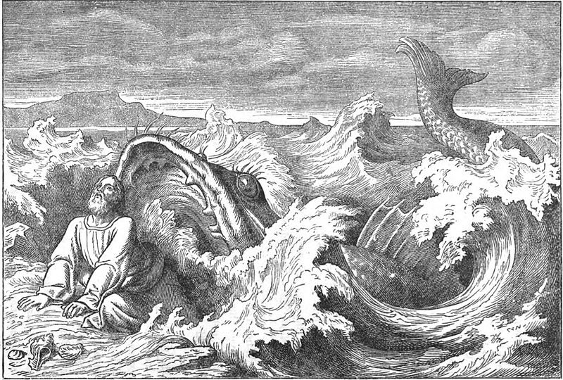 Black and white illustration of a man in the mouth of a giant fish.