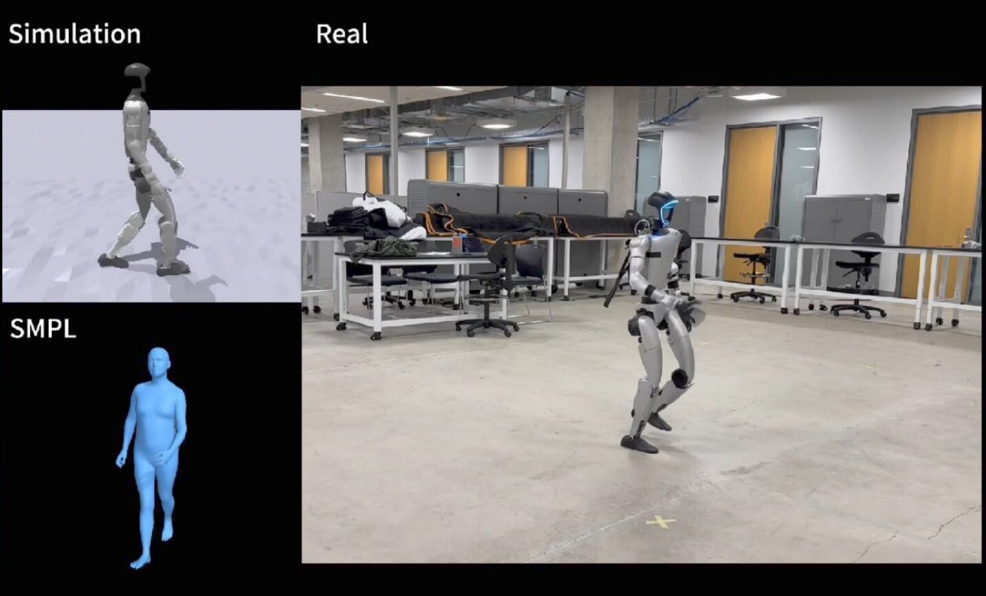 Two 3D models of a walking figure, and the robot walking in the real world.