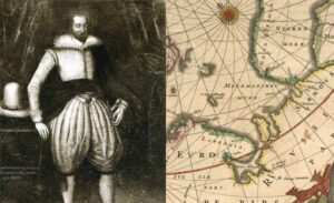 Left: A man in late Tudor/early Stuart dress, Right: A 17th century map of the Arctic