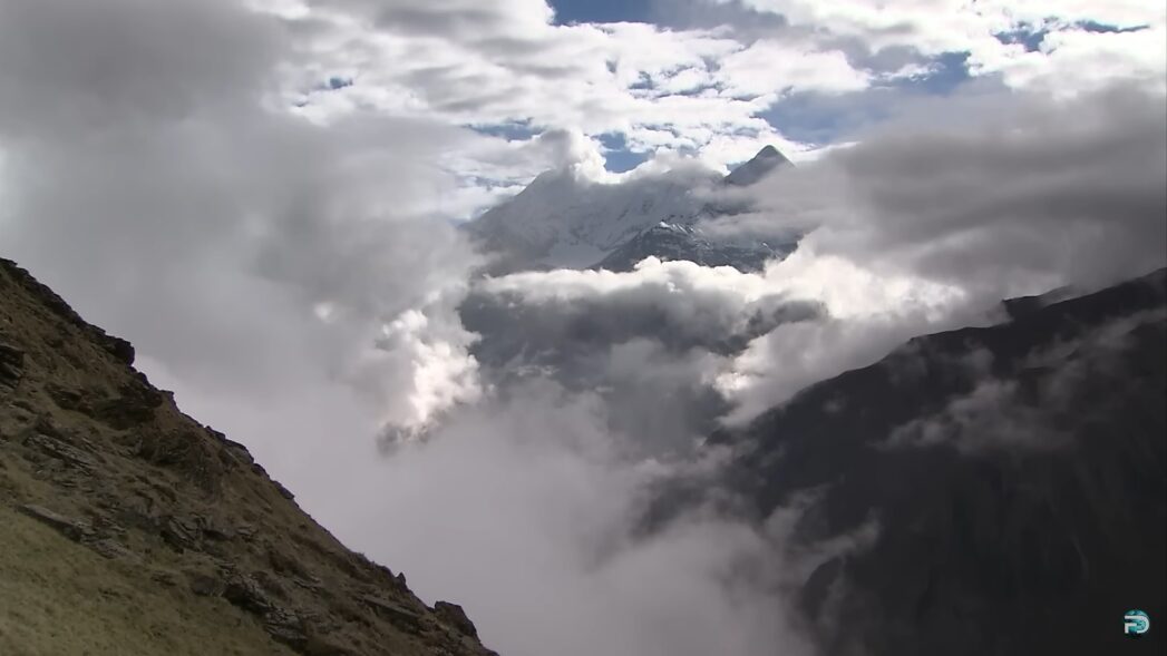 A foggy mountain vista.