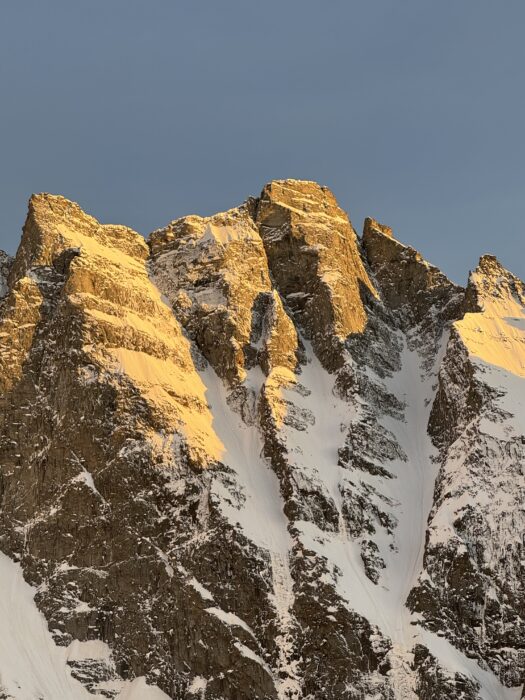 Alpenglow on Sandwandspitze, powdered with snow