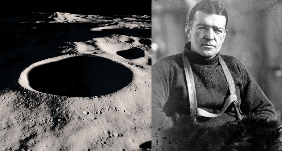 Left, a crater on the moon. Right, Sir Ernest Shackleton.