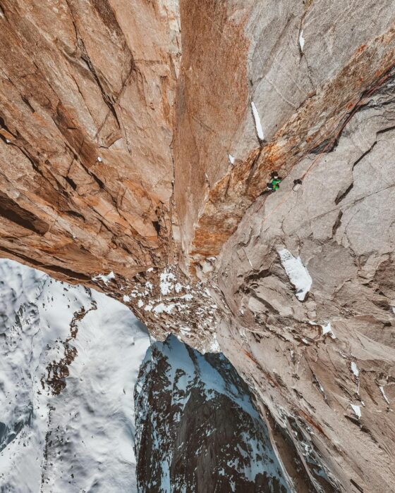 Looking down from the west face of Dru, the granite vertical walls and the glacier below