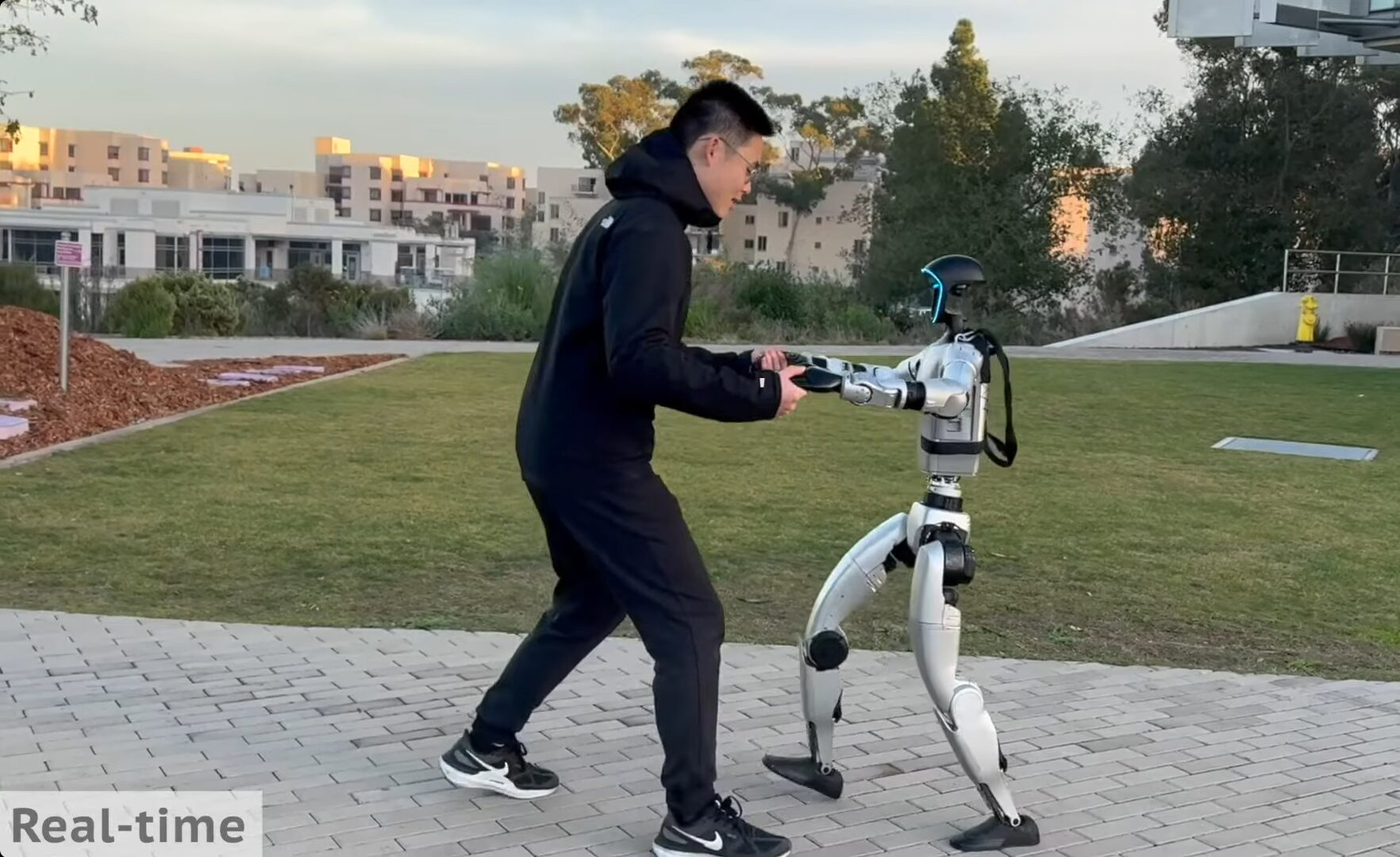 A man and a robot waltzing outside.