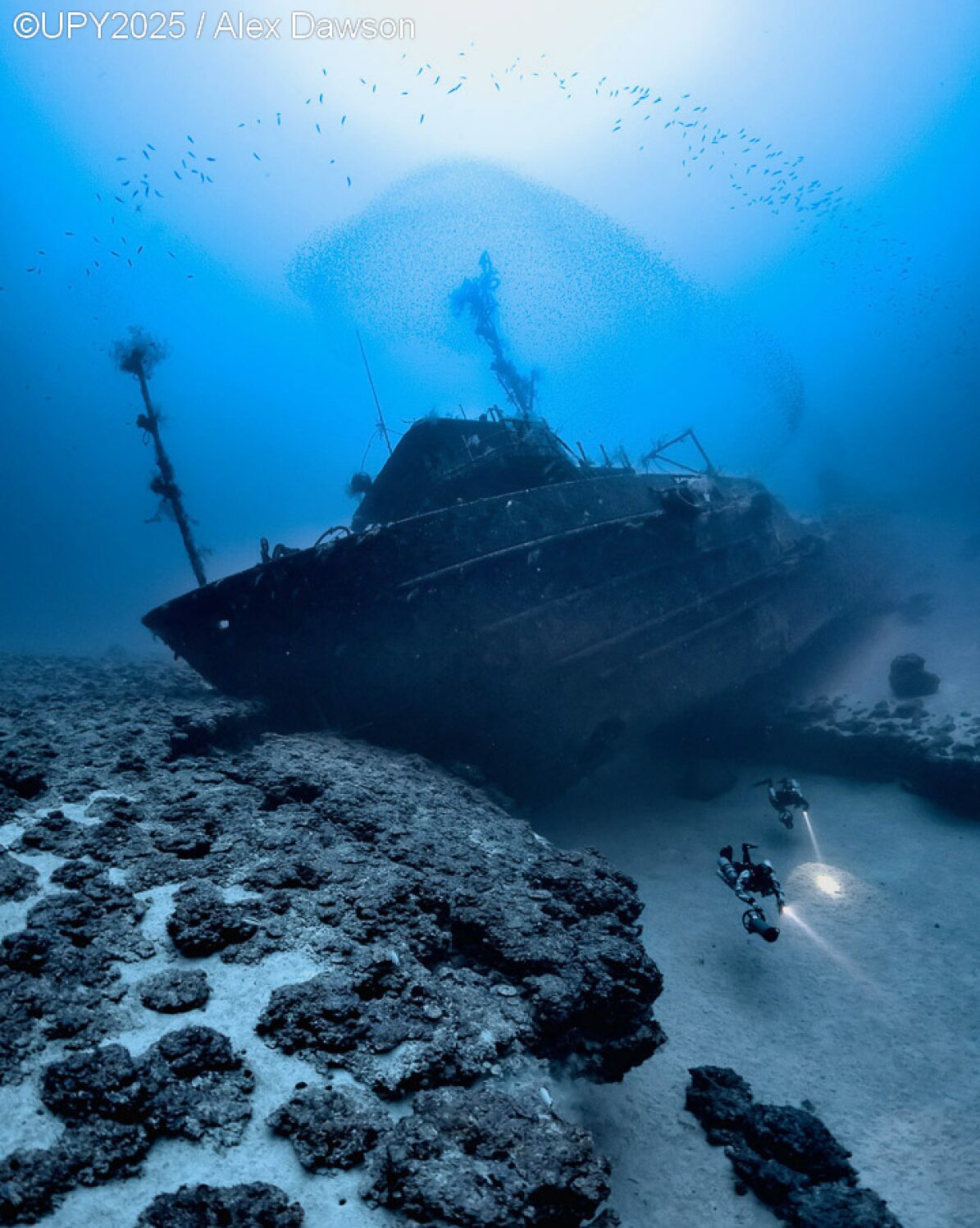 A sunken ship underwater.