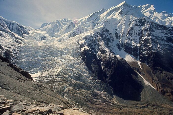 The north west side of Annapurna, with a massive icefall on the left and a distinctive spur on the right. 