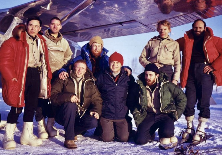 The team before setting out. First row: Art Davidson, George Wichman, Gregg Blomberg. Second row: Shiro Nishimae, Jacques 'Farine' Batkin, Dave Johnston, John Edwards, and Ray 'Pirate' Genet.