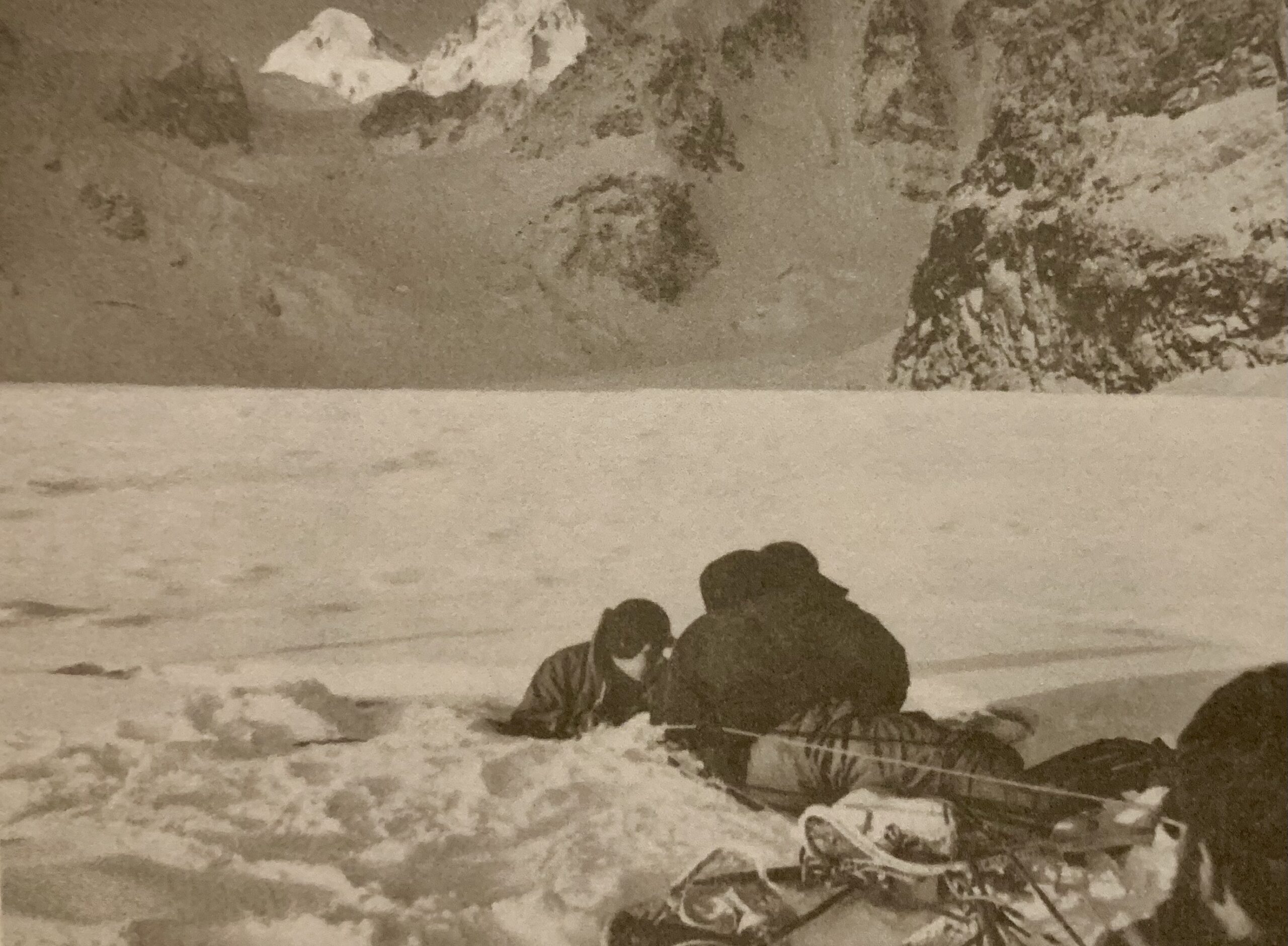 The climbers trying to rescue Batkin from the crevasse, on the second day of the expedition of winter 1967.