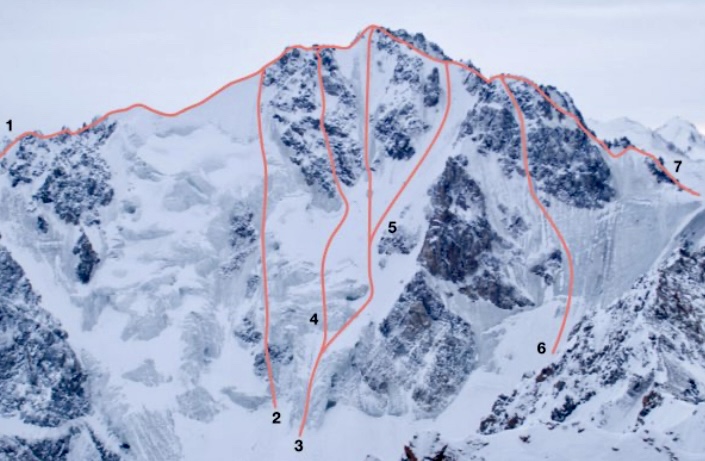 The north face of Ordzhonikidze. Route (2) was established by Belotserkovskiy, during a solo climb of 4B in 2018; and route (4) was set up by Belotrsekovskiy and Grigory Schukin in 2018 too, graded 5A. 