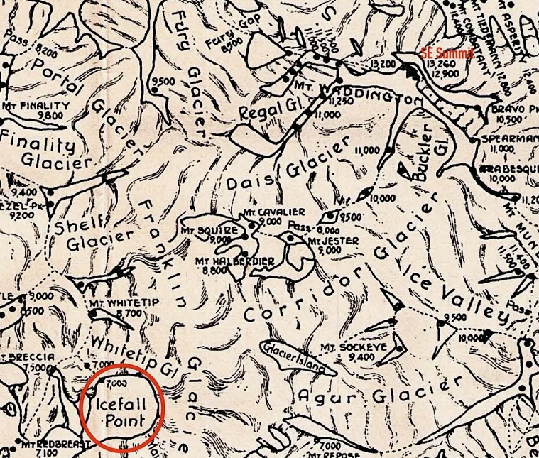 Map of the area, showing the glaciers and the Icefall Point (marked in red). 