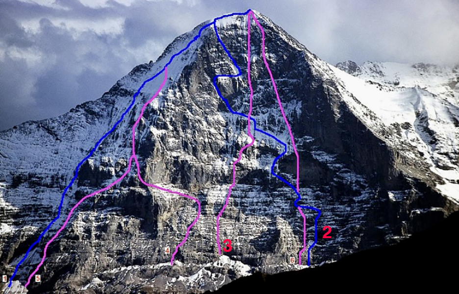 Route marked 2: The Heckmair Route; route marked 3: The Harlin Direct route.