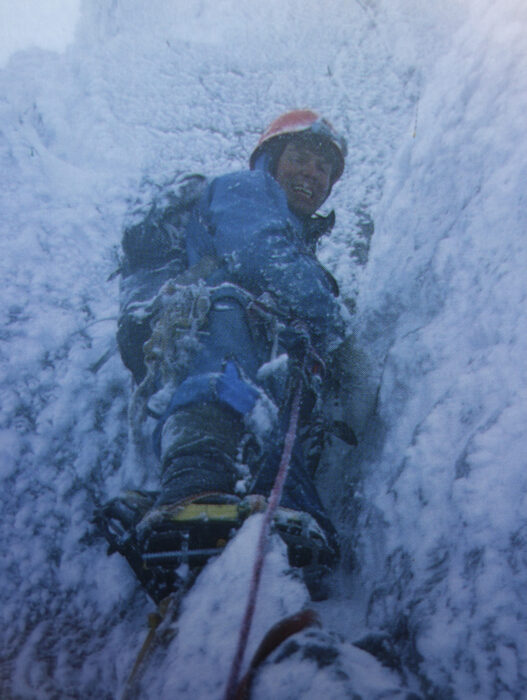 the climber in iced Scottish firn. 