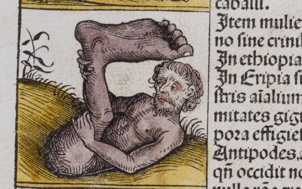 Illuminated manuscript illustration of a man with one, massive foot, which he is holding over his head.