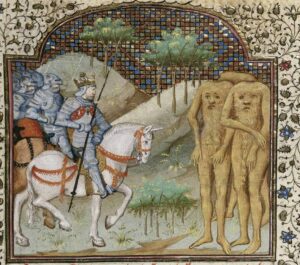 Illustration of a mounted knight riding towards a group of Blemmyae, headless men.