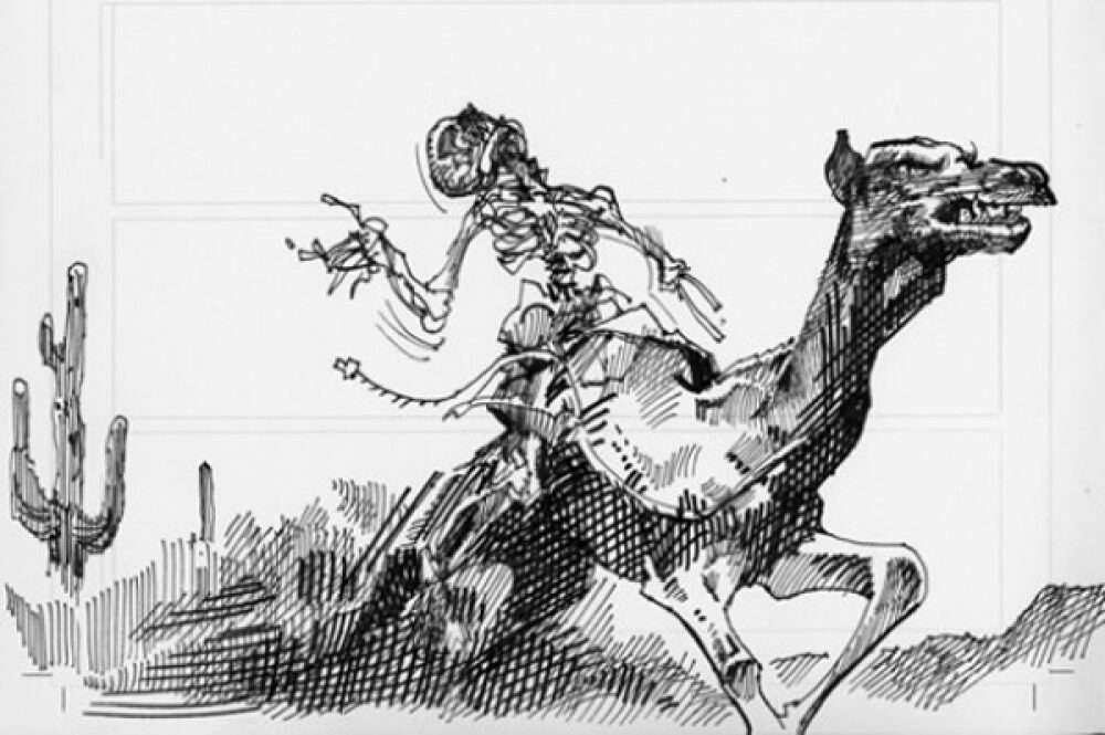 Illustration of a skeleton attached to a camel.