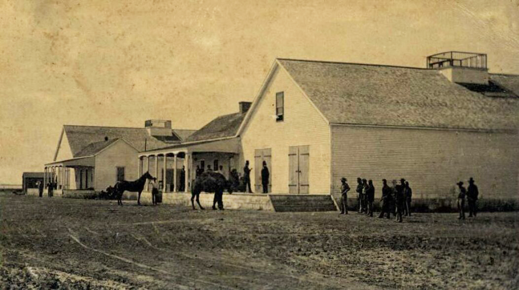 This photo, taken at Drum Barracks, San Pedro, California, is the only known photo of a U.S. Army camel in active service. 