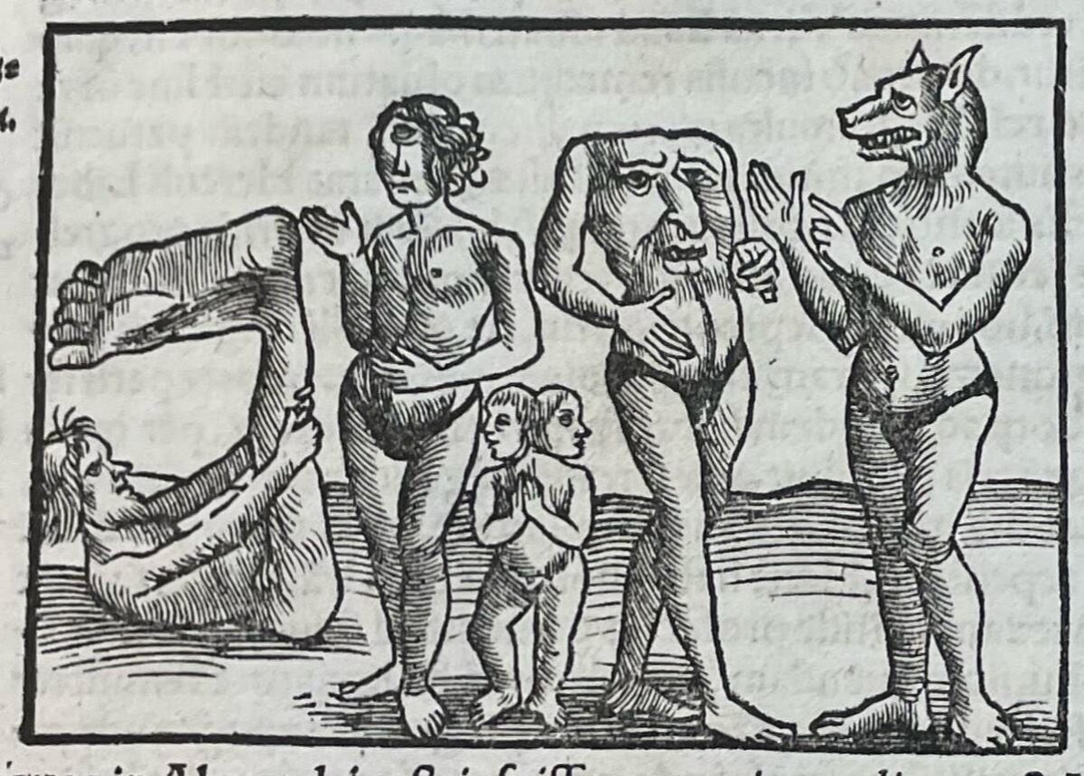 Illustrated woodcut of five humanoid figures with strange traits.