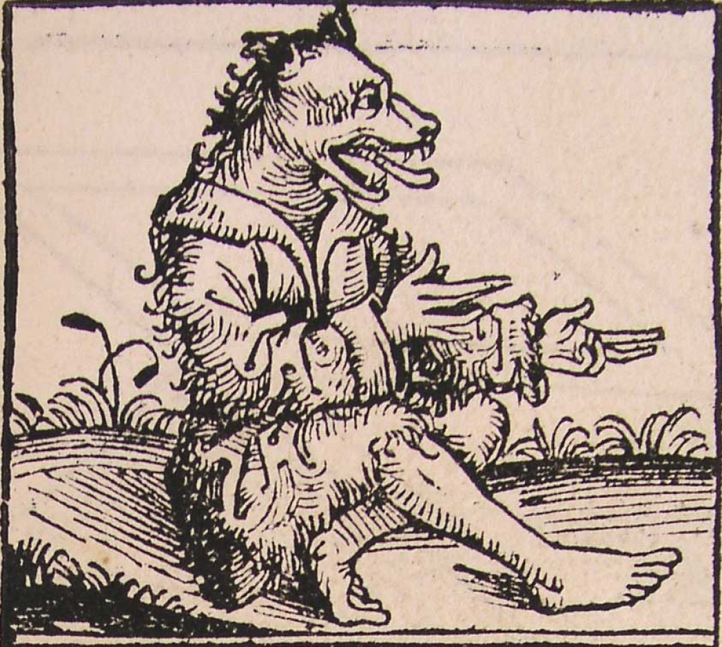 Woodblock print of a dog-headed man in profile.