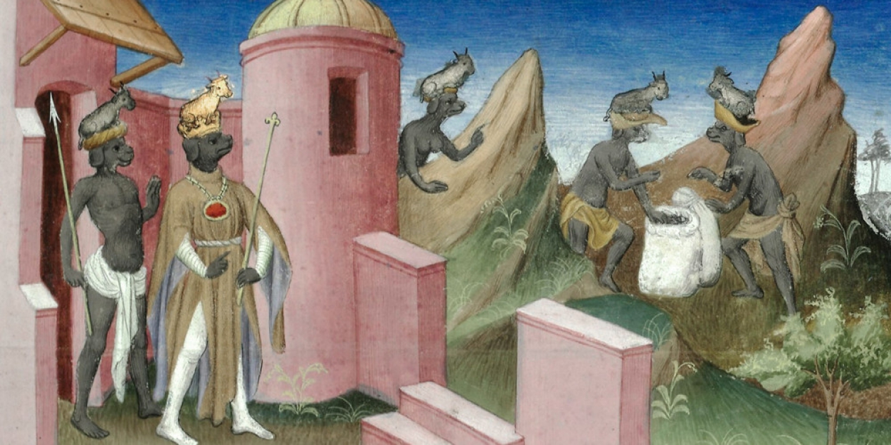 Illustration of dog-headed men guarding their pink castle