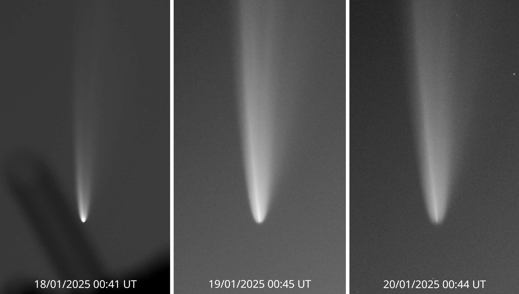 Three images showing the comet losing its nucleus over time.