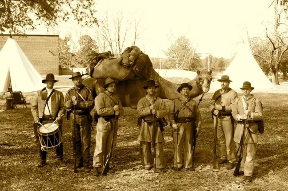 A camel with six men in Confederate uniform.