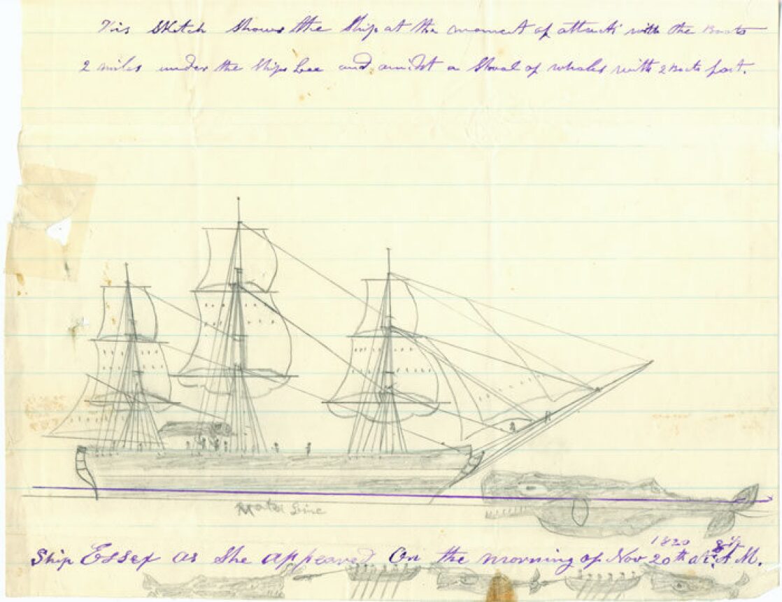 A drawing of a whale and a sailing ship, with cursive writing.