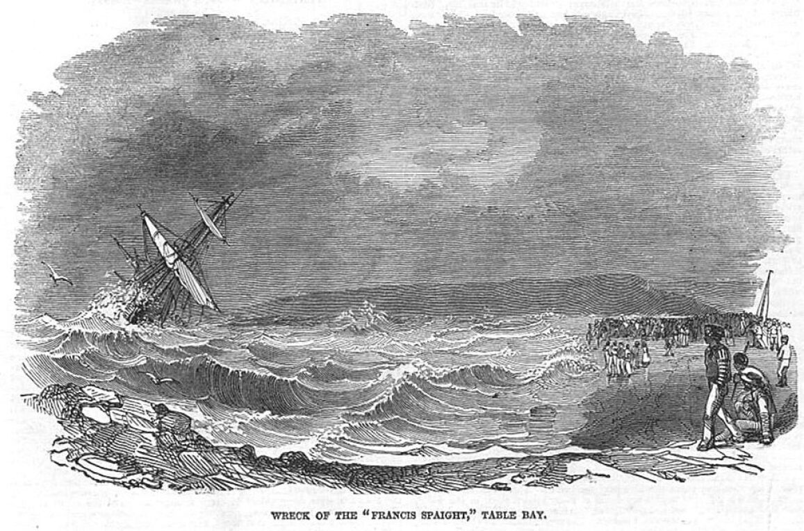 An engraving of a ship being wrecked.