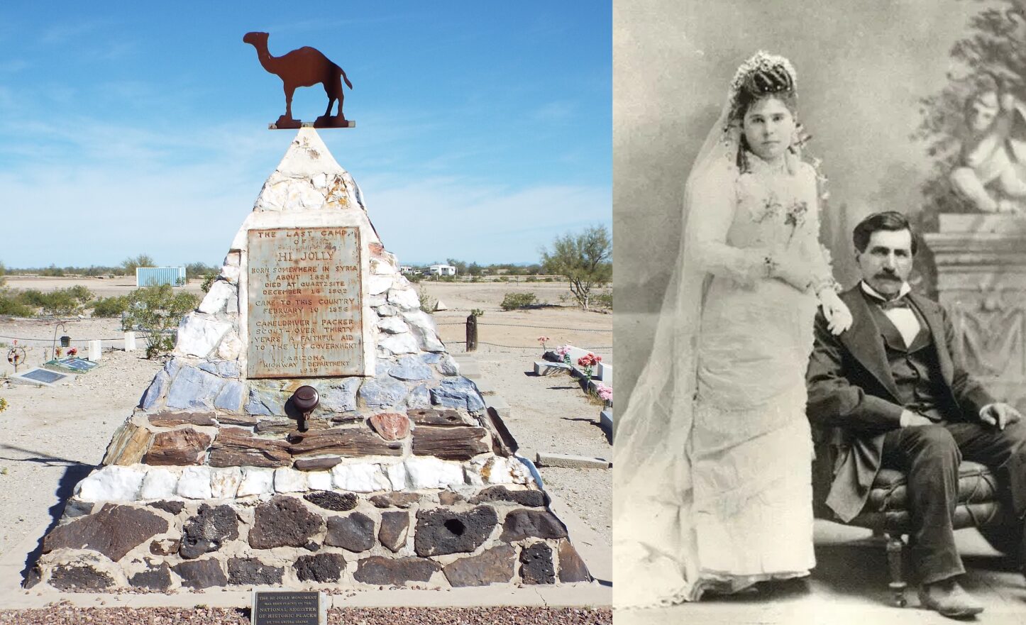 Left, a stone pyramid in the desert with a camel shaped marker on top. Right, A woman standing beside a seated man, both dressed in formal wedding clothes.