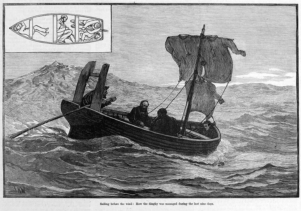 An illustration of a lifeboat at sea with four men inside.