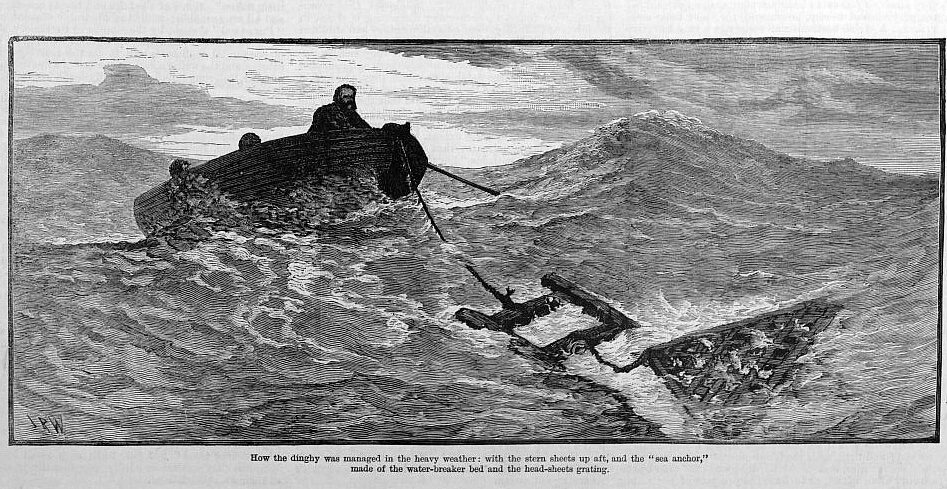 Illustration of the lifeboat being steered with an improvised sea anchor.